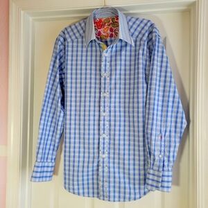 Robert Graham Button Down Blue Plaid Shirt With Paisley Accents‎ Office Travel L